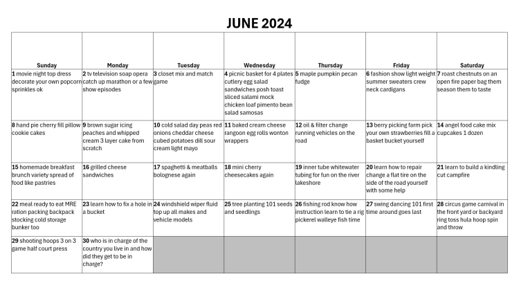 JUNE 2024 1 movie night top dress decorate your own popcorn sprinkles ok 2 tv television soap opera catch up marathon or a few show episodes 3 closet mix and match game 4 picnic basket for 4 plates cutlery egg salad sandwiches posh toast sliced salami mock chicken loaf pimento bean salad samosas 5 maple pumpkin pecan fudge 6 fashion show light weight summer sweaters crew neck cardigans 7 roast chestnuts on an open fire paper bag them season them to taste 8 hand pie cherry fill pillow cookie cakes 9 brown sugar icing peaches and whipped cream 3 layer cake from scratch 10 cold salad day peas red onions cheddar cheese cubed potatoes dill sour cream light mayo 11 baked cream cheese rangoon egg rolls wonton wrappers 12 oil & filter change running vehicles on the road 13 berry picking farm pick your own strawberries fill a basket bucket yourself 14 angel food cake mix cupcakes 1 dozen 15 homemade breakfast brunch variety spread of food like pastries 16 grilled cheese sandwiches 17 spaghetti & meatballs bolognese again 18 mini cherry cheesecakes again 19 inner tube whitewater tubing for fun on the river lakeshore 20 learn how to repair change a flat tire on the side of the road yourself with some help 21 learn to build a kindling cut campfire 22 meal ready to eat MRE ration packing backpack stocking cold storage bunker too 23 learn how to fix a hole in a bucket 24 windshield wiper fluid top up all makes and vehicle models 25 tree planting 101 seeds and seedlings 26 fishing rod know how instruction learn to tie a rig pickerel walleye fish time 27 swing dancing 101 first time around goes last 28 circus game carnival in the front yard or backyard ring toss hula hoop spin and throw 29 shooting hoops 3 on 3 game half court press 30 who is in charge of the country you live in and how did they get to be in charge?