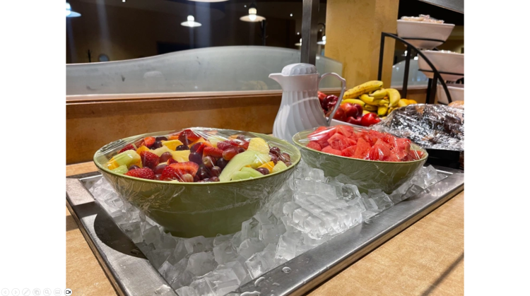 culinary food services hotel continental breakfast buffet hospitality guest services 1 photo fruit salad bowl ice strawberry grapes watermelon pineapple milk pitcher juice still life apple banana bagel muffins picture photograph image 04