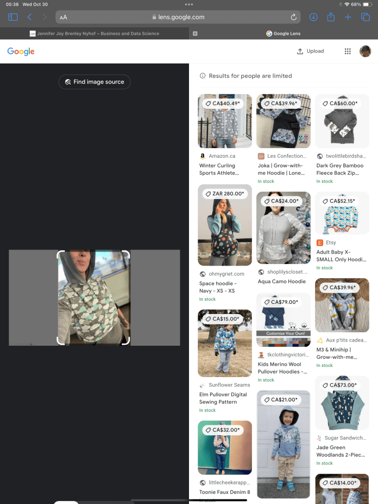 IMG_1477 google lens image search and jennifer joy brenley nyhof photo image upload self-hosted site business plan WordPress hosting crop test vest fashion designer sewing fabric flannelette cloud star pattern print grey silver white yellow pink stitching thread using SaaS screenShotScreenCaptureSnipSnaPNGo software as a service SaaS Java programming language coded by me myself