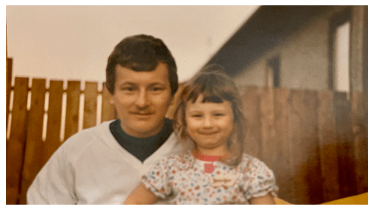 Jennifer joy Brenley Nyhof and her dad Harold Nyhof June 1988 6th birthday party official birthday club theme Jennifer nametag dutch clog shoe shape