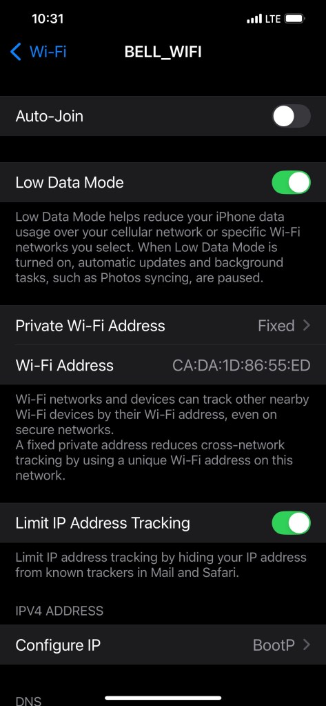 Jennifer Joy Brenley Nyhof iPhone Managed Networks BELL_WIFI 1031 a.m. March 24 2025 Low Data Mode Fixed Private Wi-Fi Address Limit IP Address Tracking IPv4 Configure IP BootP [Boostrap] Select